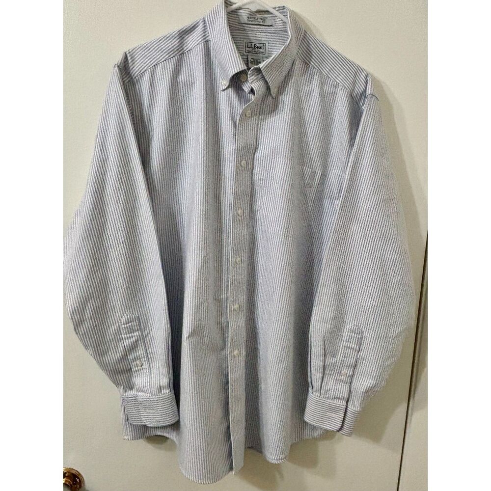 L.L. Bean Mens 16-34 Ivy League 100% White Cotton Blue Stripe Button Down Shirt